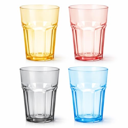 Set de 4 Vasos de Cristal de Colores 365 ml (36 cl). Apilables de Colores Translúcidos, para Agua, Refrescos, Zumos o Bebidas. Resistentes y Duraderos, Ideales para el Uso Diario - No Pierden Color