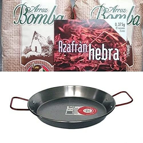 2x1kg Riz spécial paella bomba La Fallera + 0,375gr. Safran en filament Hacendado + Plat à Paella Acier Diamètre 32 cm