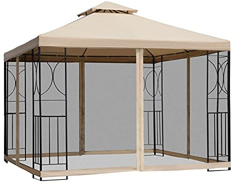 Outsunny Trädgårdspaviljong paviljong tomt festtält väderbeständigt tält med 4 hyllor metall polyester beige 3 x 3 m