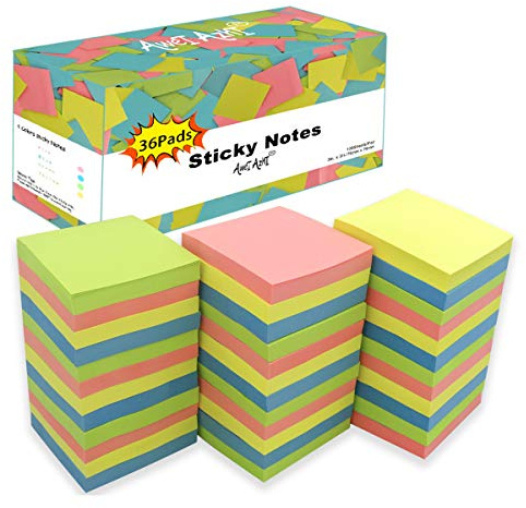 Sticky Notes 3x3, Self-Stick Notes, 36 Pads, 100 Sheets/Pad, Assorted Colors Stickies, Easy to Post Notes for Study, Works, Daily Life (36)
