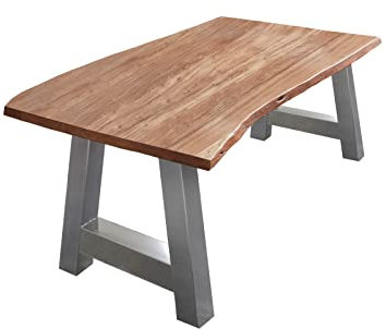 SAM Esszimmertisch 140x80 cm Athen, Baumkantentisch naturfarben, Akazienholz massiv, A-Gestell aus Metall Silber