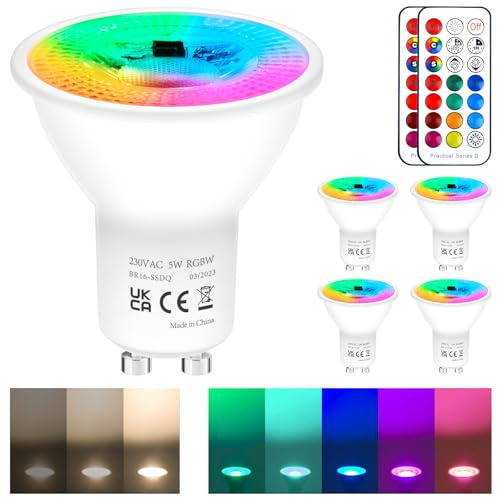REYLAX GU10 RGB LED Farbwechsel 5W Warmweiß 3000K Lampen mit Fernbedienung | Dimmbar Glühbirne 50W Halogenlampen Gleichwertige, RGB LED Strahler Bunt, LED Spot GU 10 Leuchtmittel 230V (4 Stück)
