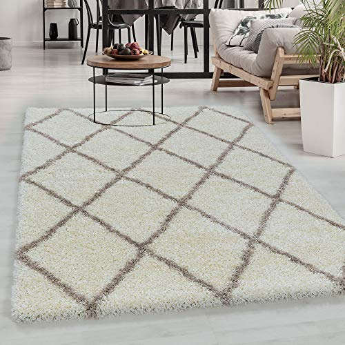 Carpetsale24 Tapis à Poils Longs, Couleur Crème, Conception géométrique, 107489, Tapis Rectangle, Tapis Salon-Salle à Manger ou Chambre, 140 x 200 cm
