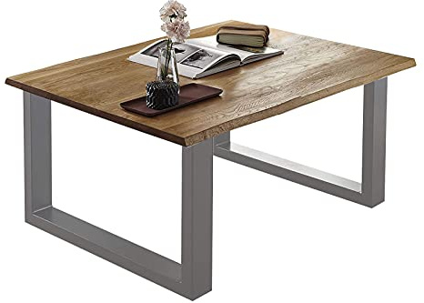 SAM Couchtisch 90x90 cm Sierra, Wildeiche massiv, echte Baumkante, Sofatisch mit U-Gestell, Metall Silber | massiv, Sofatisch mit U-Gestell