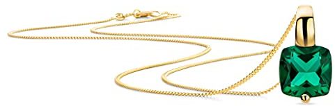 OROVI Schmuck Damen Halskette Gelbgold mit viereckiger Kettenanhänger Edelstein/Geburtsstein Mai grüner Smaragd Kette aus 9 Karat (375) Gold