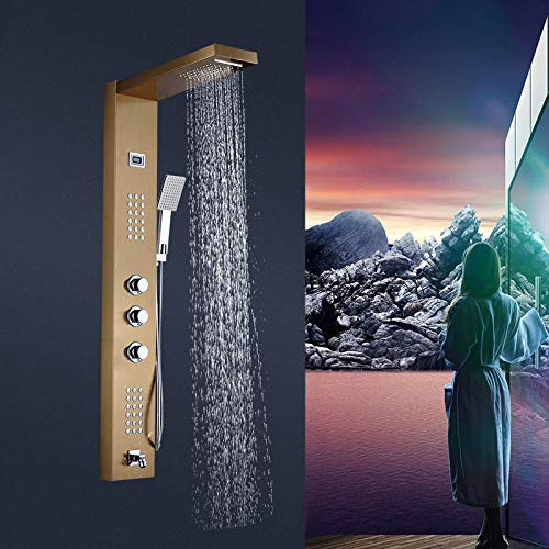 Wieoc Panneau de douche thermostatique Cascade Récupérations de pluie Douche Douche Robinet Robinet Colonne Spa Massage Mélangeur de douche Jet Kit et sac à main-d'or