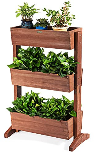 GIANTEX Jardinière surélevée en bois de sapin, avec 3 jardinières, parterre de fleurs vertical pour jardin, terrasse, balcon, escalier à fleurs, jardinière réglable, marron