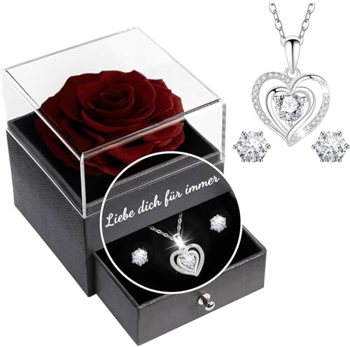 Yamonic Ewige Rose mit Kette Geschenke für Frauen,Echte Rose mit Herz Halskette Frauen Geschenk Weihnachten Geburtstag Valentinstag Hochzeitstag Muttertag, Infinity Rosen Geschenke Für Freundin Mama