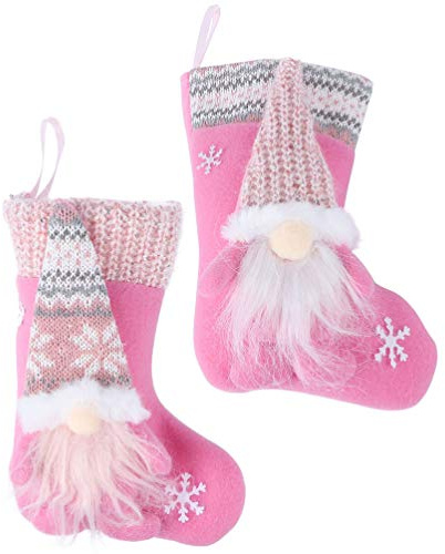 NUOBESTY Weihnachtsstrumpf Kamin Plüsch Nikolausstrumpf Anhänger: Rosa Wichtel Figur Tomte GNOME Geschenkbeutel Bonbontüte 2 Stücke Süßigkeitentasche Weihnachtsbaum Anhänger Weihnachten Party Deko