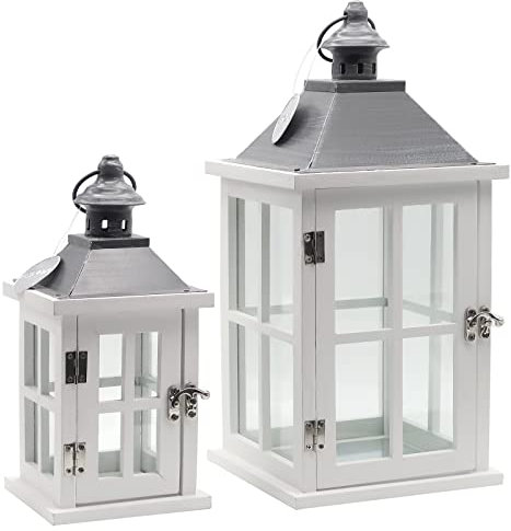Dekovita 27cm+42cm Lanterna di Legno Bianca - Fanale da giardino con finestre di vetro - Deco Lampada per Candele