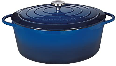 Küchenprofi Gusseisen Bräter mit Deckel, blau/innen schwarz, 35 cm, Schmortopf, Auflaufform, Dutch Oven, Brotbacktopf, emailliert, für alle Herdarten(inkl. Induktion), zum Schmoren,Backen,Braten