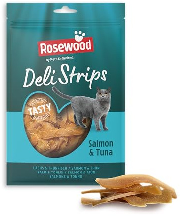 Rosewood Deli Strips Salmone e Tonno - Spuntino per gatti morbido e delicato con salmone e tonno, dolcetti magri per gatti, senza aggiunta di sale o zucchero, senza additivi artificiali, 40 g