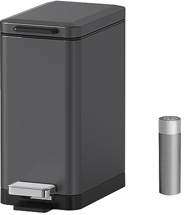 Mbillion Mülleimer Bad 10 Liter Slim Design Treteimer mit starkem Pedal, Edelstahl Rechteckiger Mülleimer Dunkelgrau | Rechteckiger Abfalleimer mit Deckel und Trittpedal, Edelstahl, schmale Passform, für Badezimmer, WC, Schlafzimmer und Büro