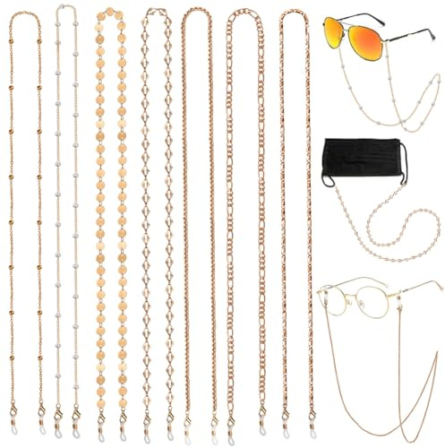 Kleemeiero 7 Stück Brillenkette Brillenkette Damen Maskenkette Maskenband Brillenband Sonnenbrille Kette Elegante Brillen Halter Brillen Kette Lesebrillenkette Riemen Brillenhalskabel, Gold