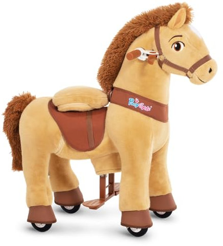 PonyCycle Reitpferd mit Rollen, für Kinder 3–4 Jahre, 76cm Hoch, Plüsch Reitpony mit Handbremse, Schaukeltier, Stehpferd, Hellbraunes Reittier auf Rollen, Basis Modell E - E336