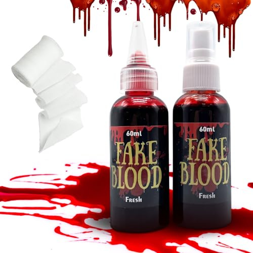 Pardofelis Faux Sang Halloween, Faux Sang pour la Peau, Spray de Sang, Faux Sang Gouttes avec Bandage pour Costume Halloween Maquillage Vampire Zombie SFX, JX123