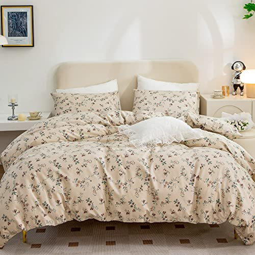 King Size Floral Duvet Cover, 100% Brushed Microfiber 3-Piece Bedding Set, Vintage Floral Garden Style with Zipper Closure