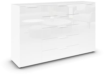Rauch Möbel Flipp, Kommode, Farbe Glas Weiß, Breite 160 cm | Sideboard, 2-türig, 5 Schubladen, Glasfront, Soft-Close-Funktion, für Schlafzimmer, Gästezimmer, Wohnzimmer, Garderobe, Flur