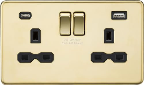 13A 2G SP Switched Socket with Dual USB A+C (5V DC 4.0A shared) - Polished Brass with Black Insert