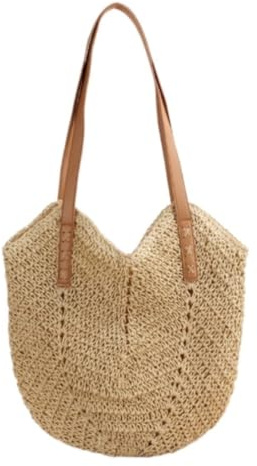 Korbtaschen Damen Stroh-Strandtasche für Damen, große Stroh-Tragetasche mit Reißverschluss, sommerlich gewebt Sommer Strand Geldbörse(Beige)