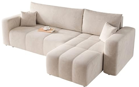 GREKPOL Sofa mit Schlaffunktion 145x248 - Creme Ecksofa mit Schlaffunktion und Bettkasten - Sofa 3 Sitzer - Schlafsofa - Couch - Schlafsofa mit Bettkasten