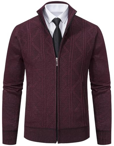 PADOLA Gilet Homme Zippé Veste en Maille Cardigan Homme Veste Homme mi Saison Col Droit Pull Hiver Blouson Homme avec Polaire Chaud Sweat Coupe Vent avec Poche (Bordeaux, XL)