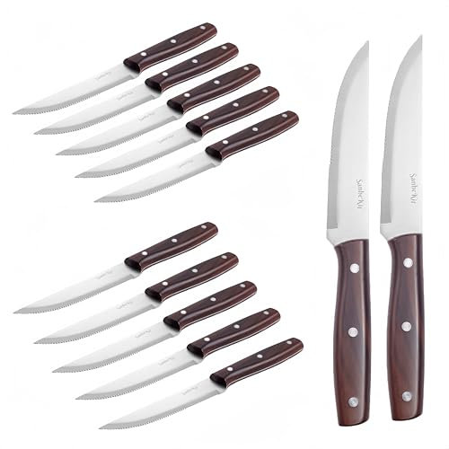 SanheKit Lot de 12 couteaux à steak en acier inoxydable à haute teneur en carbone, design Full-Tang, manche en plastique avec grain de bois, couteau à viande dentelé, couteaux de table tranchants