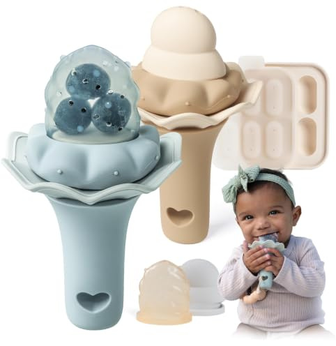 Moonkie Fruchtsauger Baby mit Gefrierschrank Tablett, BPA-Frei Silikon Fruchtschnuller mit Zwei Größen Beutel, 4 Monate+ Zahnungshilfe, Geschenk zur Babyparty, 2 Stück(Äther/Croissant)