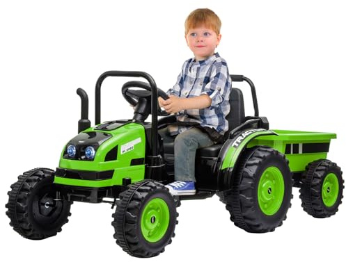Kids Ride On Tractor with Trailer, 12V Battery Powered Electric Tractor with Remote Control, Music, USB, Led Lights, Audio, Safety Belt, 35W Dual Motors, Unload Button