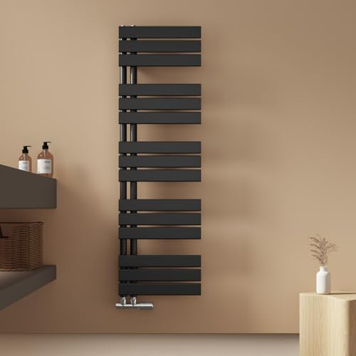 EMKE Radiador de Toallas, con conexión Lateral, 1320x400 mm, radiador de baño, Soporte para Toallas, Calefactor de Toallas, calefacción de baño, Color Negro, 570 vatios