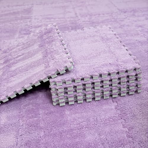 Thickened Plush Foam Interlocking Floor Carpet Puzzle Mat, 18 pcs 12x12x0.4 in Fluffy Square Puzzle Foam Carpet Tiles with Edgings, Soft Shaggy Area Rug Puzzle Mat(Color:Light Purple)