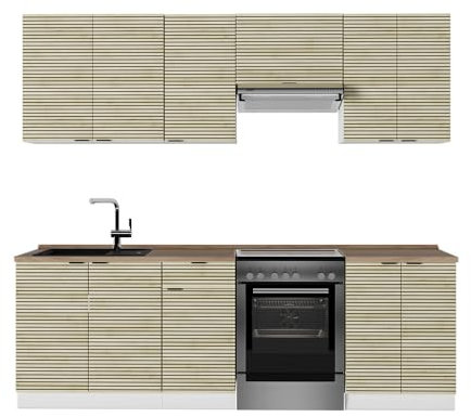 Vicco Küchenzeile Fame-Line, Küchenblock, Eiche Paneel/Weiß, 240 cm, AP Eiche
