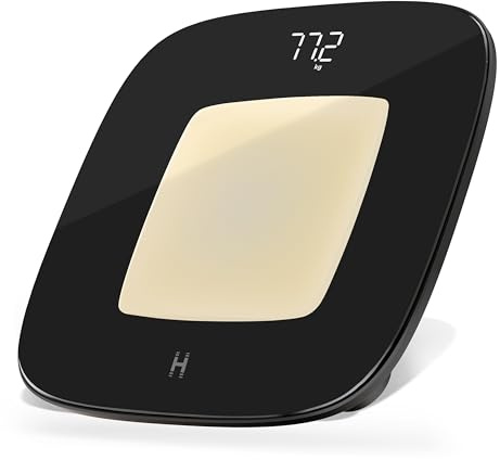 Homedics glo Digitale Körperwaage mit Nachtlicht & Bewegungssensor | Personenwaage, Basis aus 100% Recyceltem Kunststoff, Präzise Anzeige in Lbs/Kg/St, Sicherheitsglas