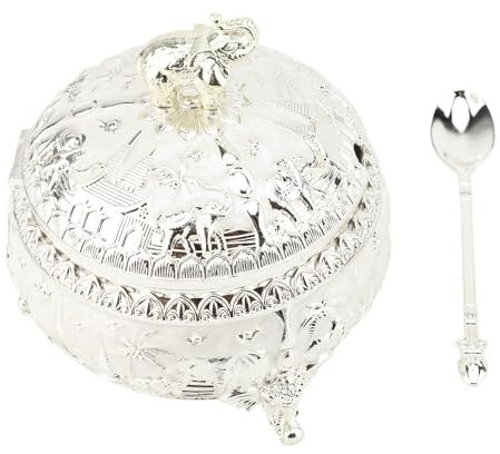 Pssopp Zuccheriera Decorativa in Vetro, Materiale in Lega di Zinco Aspetto Elegante e Delicato Zuccheriera Squisita con Cucchiaio per Festa di Nozze (Giallo argento) (Argento e bianco)