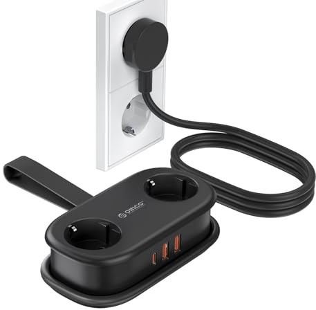 ORICO AP3 Reise Steckdosenleiste USB‑C PD 20W Schwarz | 2‑fach Schuko, 2x USB-A & 1x USB-C PD 20W, 2500W, 1,5m aufrollbares Kabel, platzsparend für Reisen, Zuhause & Büro