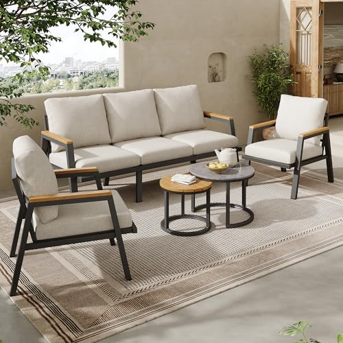 Merax Ensemble de meubles de jardin d'extérieur avec canapé 3 places, 2 fauteuils et 2 tables basses, cadre en acier galvanisé, dossier haut, pour jardin, terrasse et balcon
