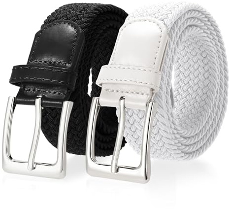 SUOSDEY 2-pack elastiska flätade bälten för män, unisex, män, kvinnor, stretchtyg, bälte, vävda midjebälten för jeans, shorts, byxor, 3,3 cm bred, Svart+vit (silverspänne), fits waist 40-44