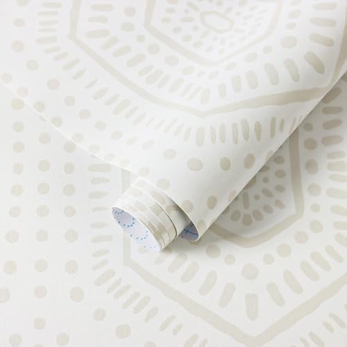 Yomshi 44 cm x 10 m boho självhäftande tapet avtagbar neutral beige/vit geometriskt mönster vattentät vinyl självhäftande film för sovrum vardagsrum