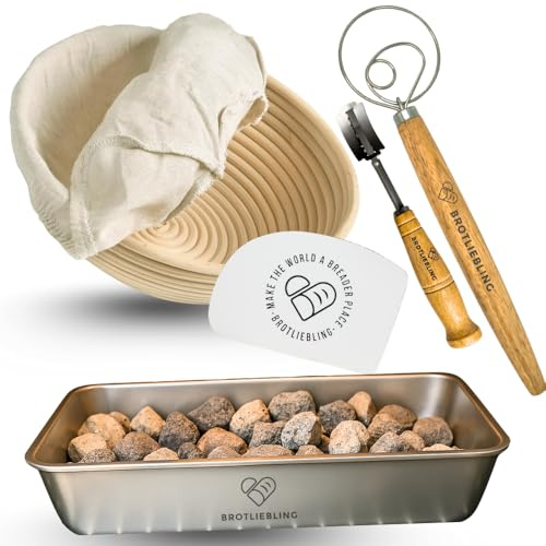 Brotliebling Dampfschüssel Brotback-Starter Set mit Dampfschüssel mit Lavasteinen, Gärkörbchen aus 100% natürlichen Rattan, Bäckermesser, Teigrührer und Teigkarte