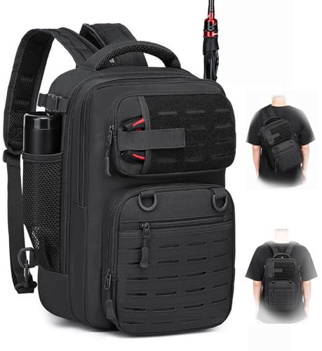 BlesMaller 2 in 1 Angelrucksack mit Rutenhalter kleine Angeltasche 25L Taktische Angeln Schultertasche militär Rucksack für Angeln Wandern (23x20x37cm) Schwarz