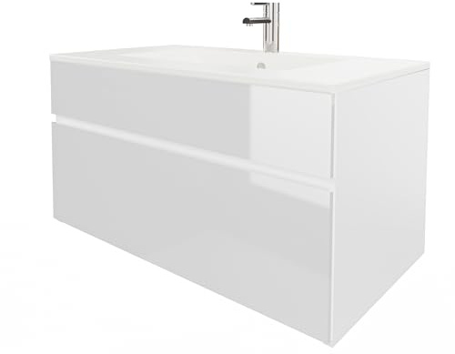 wohnartig® Stella Waschtischunterschrank – Hängend | Weiß | Weiß Hochglanz | 81,2 × 46,5 × 50 cm | Moderner Waschbeckenunterschrank mit Keramikwaschbecken | Waschbecken mit Unterschrank