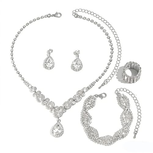 XFSRG 4PCS Parure Mariage Mariée pour Femme Cristal Mariée Collier Vintage Strass Boucle d'oreille et Bracelet Zircon Bague Ensemble pour Soirée et Mariag