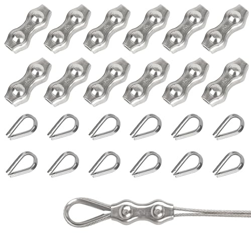 Rybtd Abrazadera Cable Acero 24 Piezas M2 Abrazaderas para Cable de Acero con M2 Guardacabos，Abrazadera de Cable Abrazadera Dúplex Abrazadera de Cable de Acero Inoxidable para Cable Acero de 1 mm