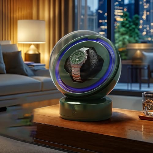 FYYSJW Caricatori per Orologi Singoli per Orologi Automatici, Scatola per Orologi Rotante con 3 modalità di Rotazione, con Motore Silenzioso, Vetrina con Luce,Verde