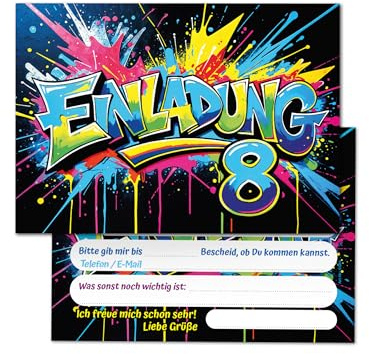 Junaversum 12 Einladungskarten zum 8. Kindergeburtstag Graffiti Junge Mädchen Kinder coole bunte Einladungen achte Geburtstag Geburtstagseinladungen Kids