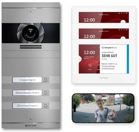 Metzler VDM10 2.0 Video Sprechanlage Komplett Set mit austauschbarem Namensschild - Anschluss 2-Draht - Türsprechanlage mit HD-Kamera und Bildschirm für 3 Familienhaus, in Grau aus V2A Edelstahl