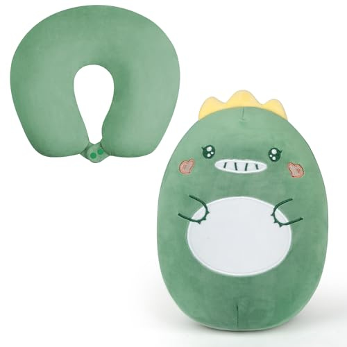 flintronic Kids Travel Pillow, Cute Neck Pillow for Kid, 2-in-1 Deformable Neck Pillow with Cute Plush Animals, Soft U-Shaped Pillow for Travel Airplanes (Green Eggman Dinosaur)