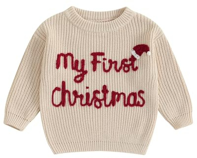 Vioyavo Maglione di Natale del bambino del bambino del bambino del maglione del ricamo di lettere del maglione lavorato a maglia a maniche lunghe pullover top inverno caldo, Bianco latte, 3-6 Mesi