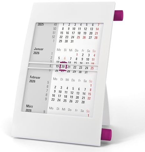 3-Monatskalender Tisch 2026 2027 - Büro & Homeoffice Tischkalender mit Drehmechanik - 2-Jahres-Kalender - weiß/lila - Truento