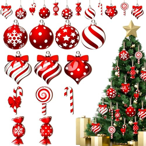 Weihnachtsbaumschmuck Set Holz Deko Anhänger 35 Stück Rot Weiß Christmas Decorations Baumschmuck Weihnachten Für Christbaum DIY Basteln Party Festliche Deko